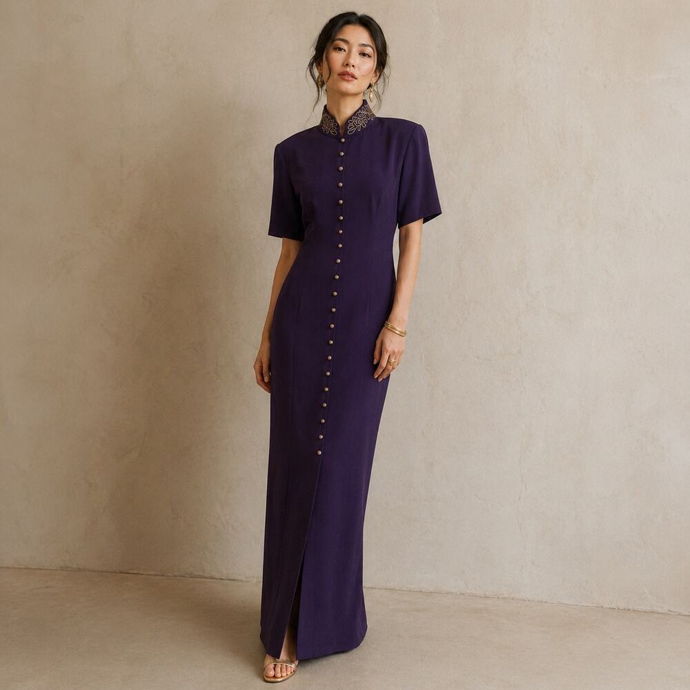 Liz Claiborne Purple Maxi Dress Gold Embroidered Neckline Sz 8